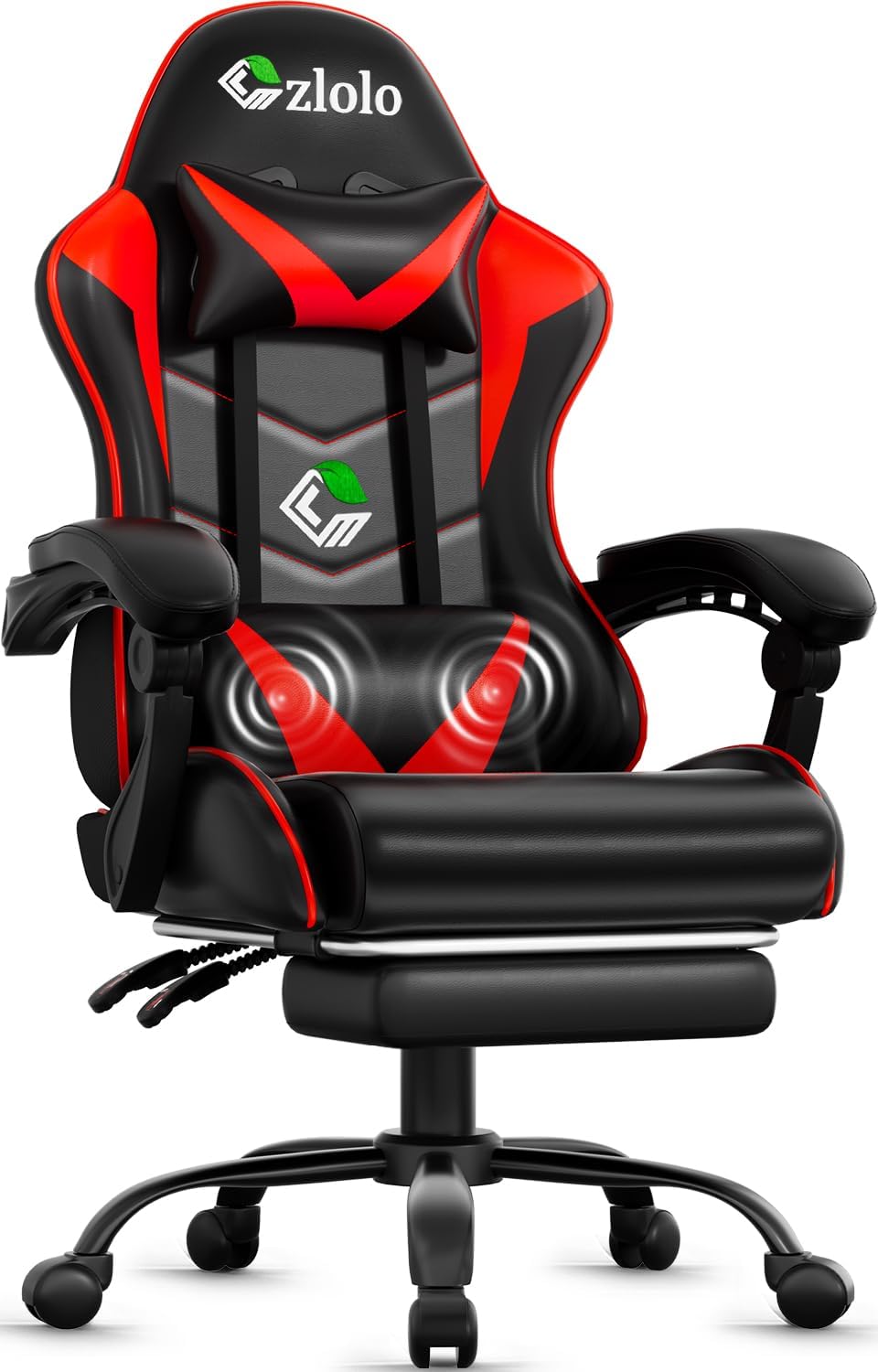 Czlolo Gaming Chair with Footrest Racing Style Lumbar Support Massager Video Game Chair with Metal Legs, High Back Reclining Gamer Chair with Headrest, 360° Swivel Office Computer Desk Chair (Red)