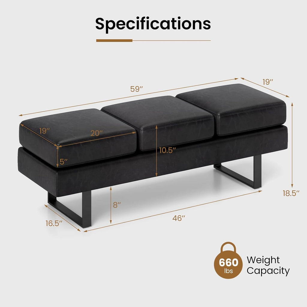 Giantex Waiting Room Bench, Faux Leather Office Guest Chair with 3 Seats, 660 Lbs Capacity, Metal Frame, Reception Chair, Upholstered Bench for Lobby, Conference Room, Entryway, Dining Room (Black)