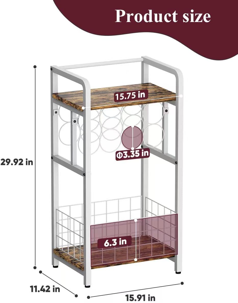 3-Tier Wine Rack Freestanding Floor with Wood Top, Liquor Stand with Wine Bottle Holder, Corner Wine Bar Table for Small Space, Metal Whiskey Shlef for Kitchen, Cellar, Living Room, White