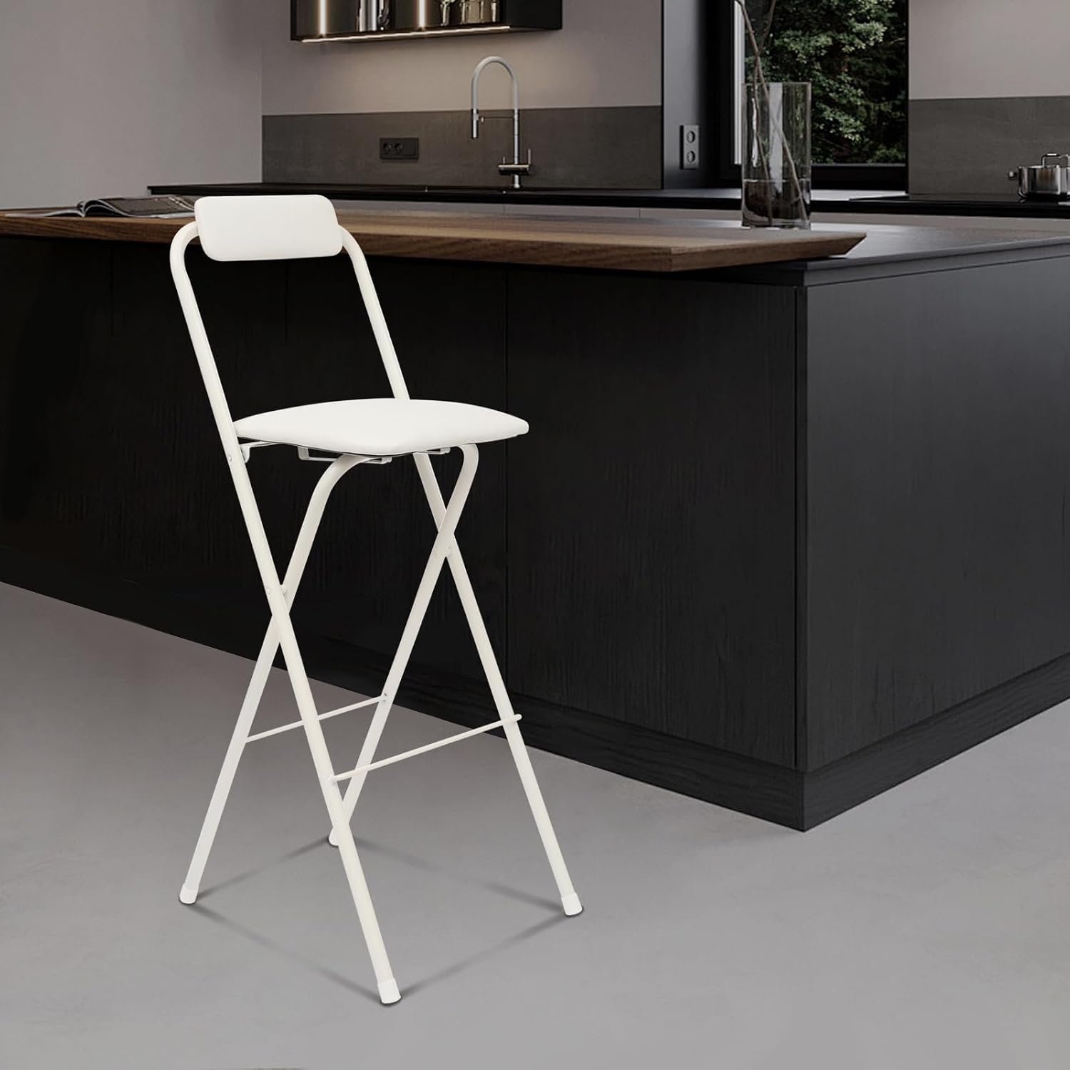 Folding Bar Stool with Back, 1 Pcs 30 Inch Tall Foldable Stool Chair Portable High Folding Bar Chair Counter Height Seat Leather Padded for Kitchen Shop Cafe Dining Room (30 Inch Tall White)