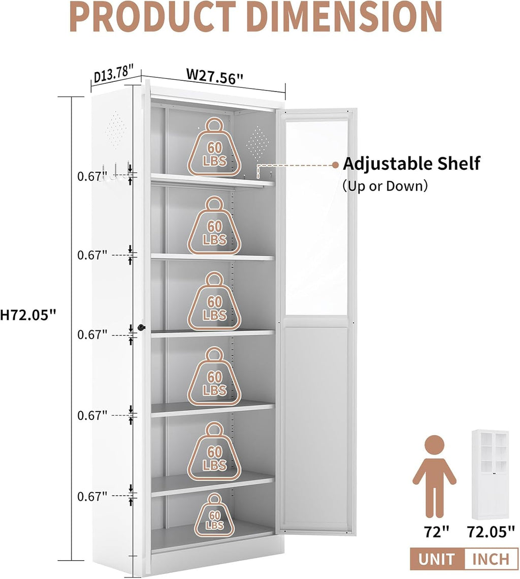 72.05" Tall 27.56" Wide Large Pantry Storage Cabinet, Freestanding Metal Kitchen Food Pantry Cabinet with 2 Doors and Shelves for Kitchens, Dining Room, White A