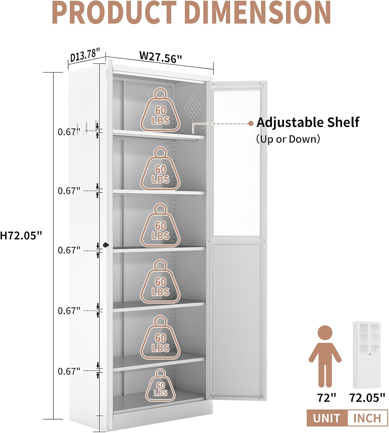 72.05" Tall 27.56" Wide Large Pantry Storage Cabinet, Freestanding Metal Kitchen Food Pantry Cabinet with 2 Doors and Shelves for Kitchens, Dining Room, White A