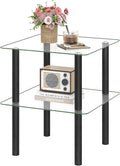 Giantex Square End Table, 2-Tier Sofa Side Table with Clear Tempered Glass Top & Shelf, Small Accent Table with Solid Rubber Wood Legs for Living Room Bedroom Home Office (Black & Clear)