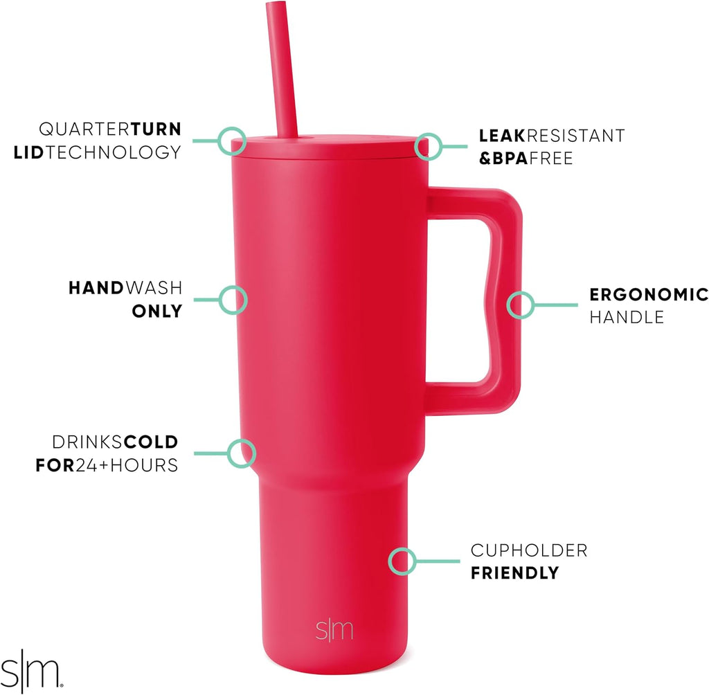 Simple Modern 40 oz Trek Tumbler with Handle and Straw Lid | Cup Holder Friendly Insulated Stainless Steel Travel Mug | Ember Red
