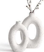 LE TAUCI Ceramic Vases Set of 2, White Hollow Donut Flower Vases, Nordic Decor Decorative Centerpiece for Living Room, Office Table, Shelf, Mantel, White Speckled (H10.5”xW8.5”)