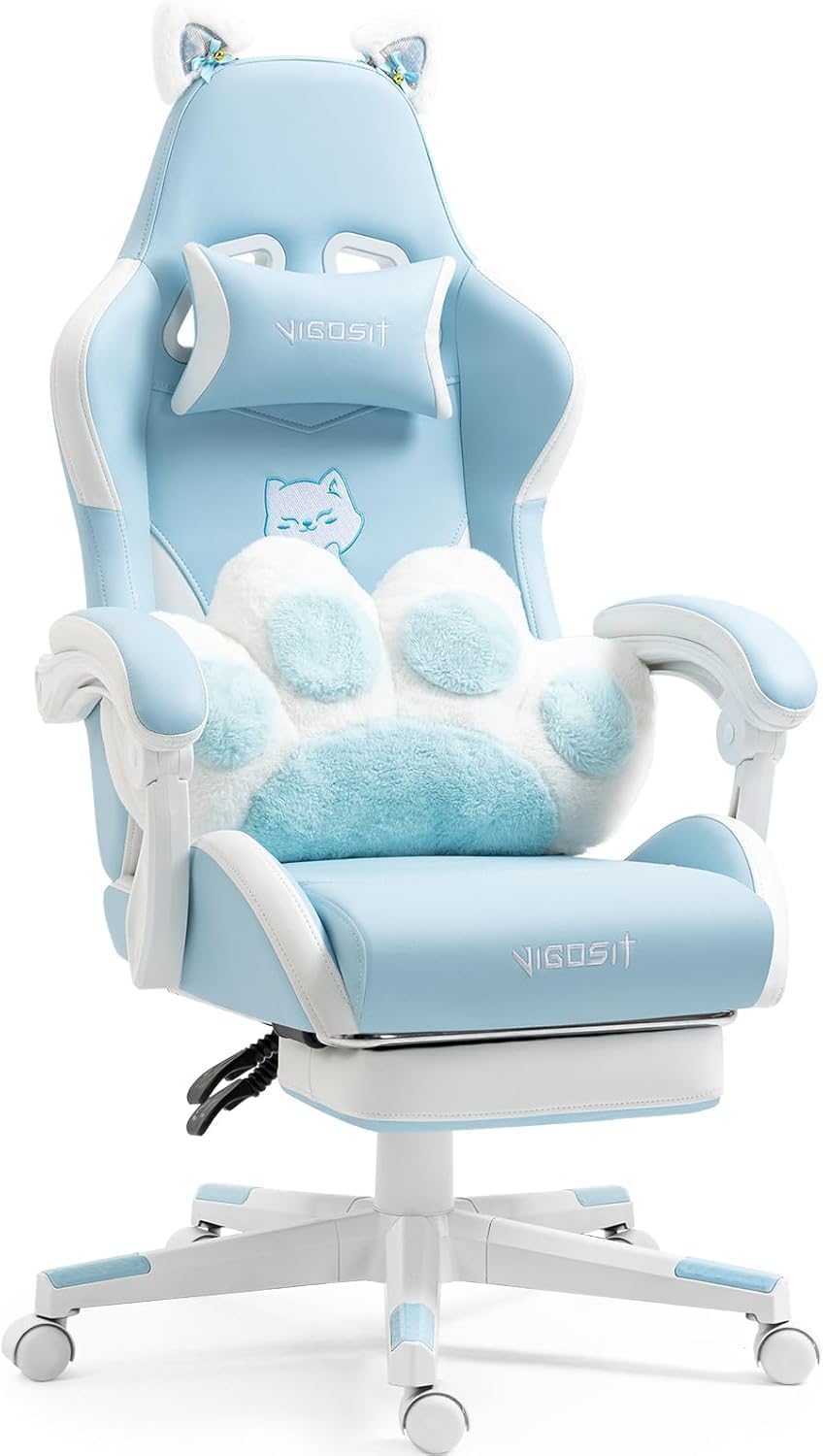 Ergonomic Kawaii Desk Chair with Cat Paw Lumbar Cushion and Cat Ears, Cute Pink Computer Chair with Footrest, PC Video Anime Gaming Chairs Recliner for Kids, Girls, Teens (Blue, Cat Chair)
