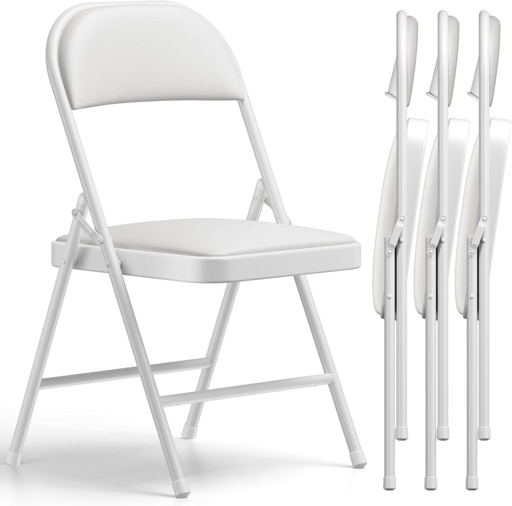 Folding Chairs 4 Pack,350 lbs Heavy Duty Metal Frame Folding Chairs with PU Leather Cushion, Ergonomic Foldable Chair with Non-Slip Feet, Portable Stackable Seating for Office Wedding Camping-White