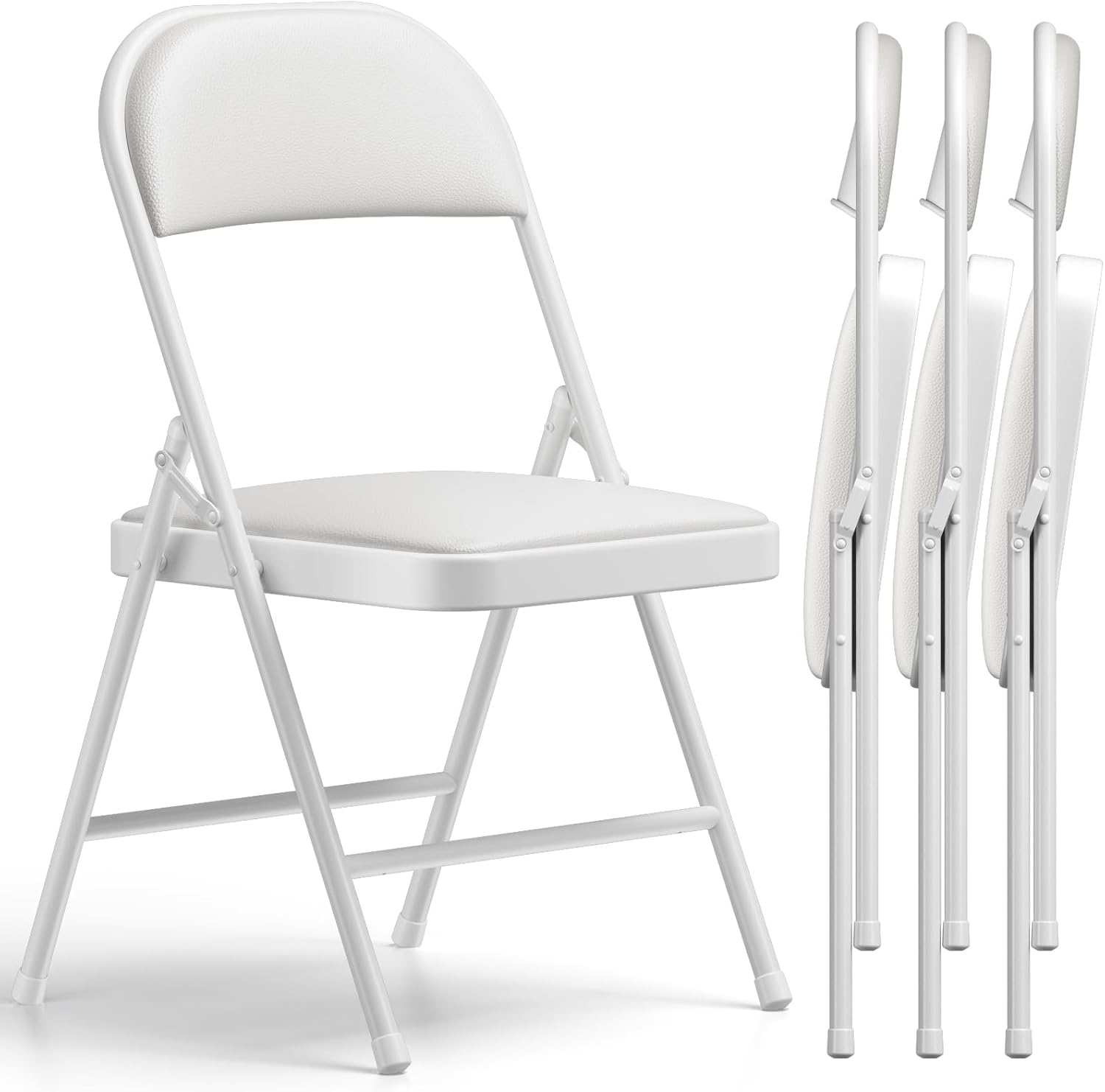 Folding Chairs 4 Pack,350 lbs Heavy Duty Metal Frame Folding Chairs with PU Leather Cushion, Ergonomic Foldable Chair with Non-Slip Feet, Portable Stackable Seating for Office Wedding Camping-White