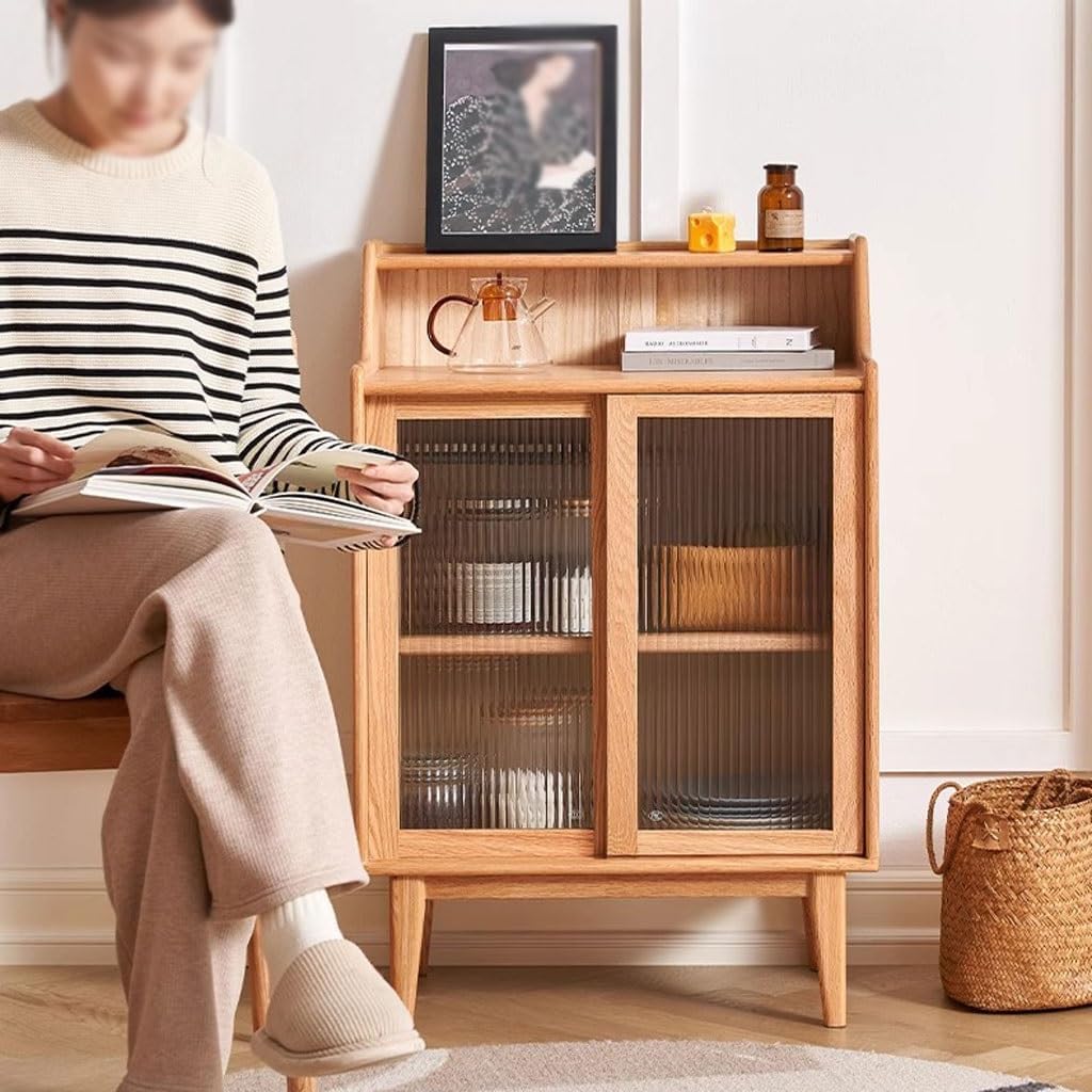Entryway Cabinet Solid Wood Sideboard Modern Minimalist Glass Door Wine Cabinet Nordic Oak Dining Room Storage Cabinet Sideboard Storage Cabinet