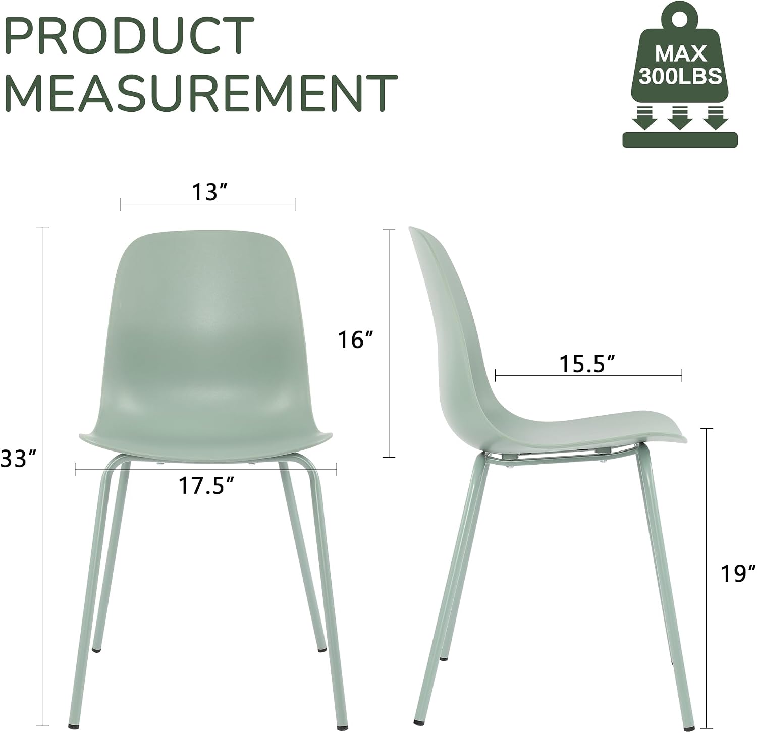 LSSBOUGHT Modern Dining Chairs Set of 4, Mid-Century Plastic Kitchen Chairs with Metal Legs, Comfortable Armless Side Chairs for Dining Room, Kitchen, Living Room & Small Spaces (Green)