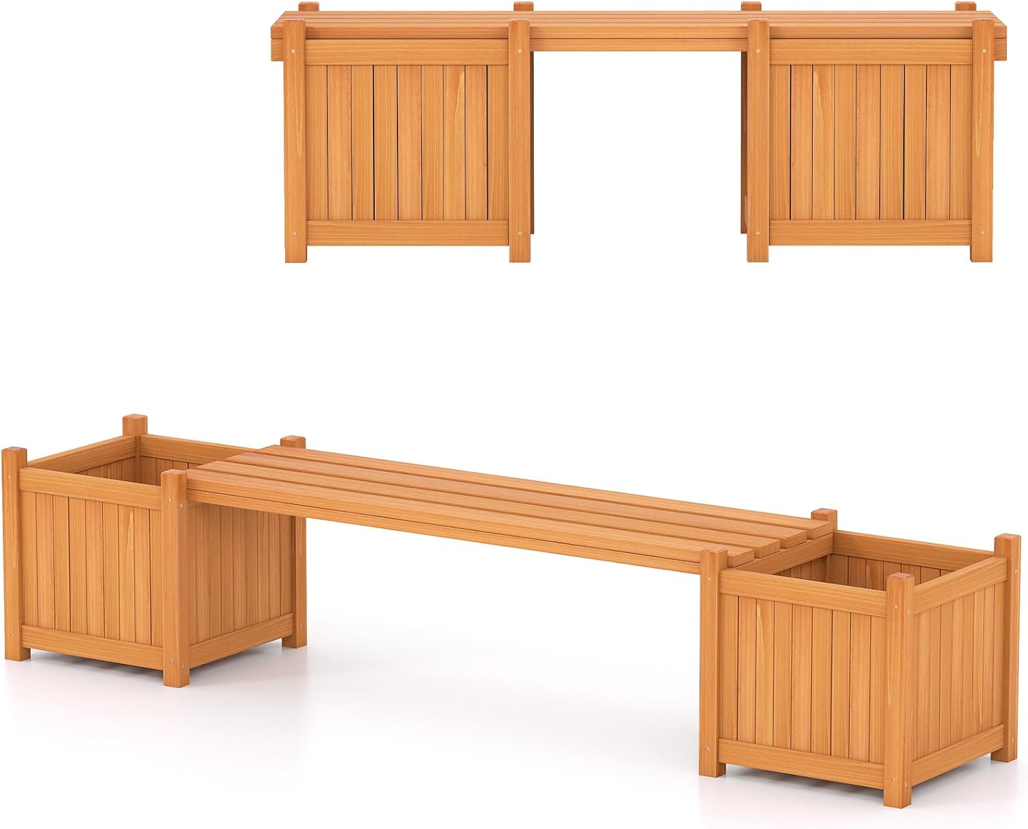 Planter Box Bench Outdoor, Wood Patio Bench with 2 Wood Planter Boxes, Raised Plant Container Garden Bench for Outdoor, Patio, Yard, Deck & Balcony