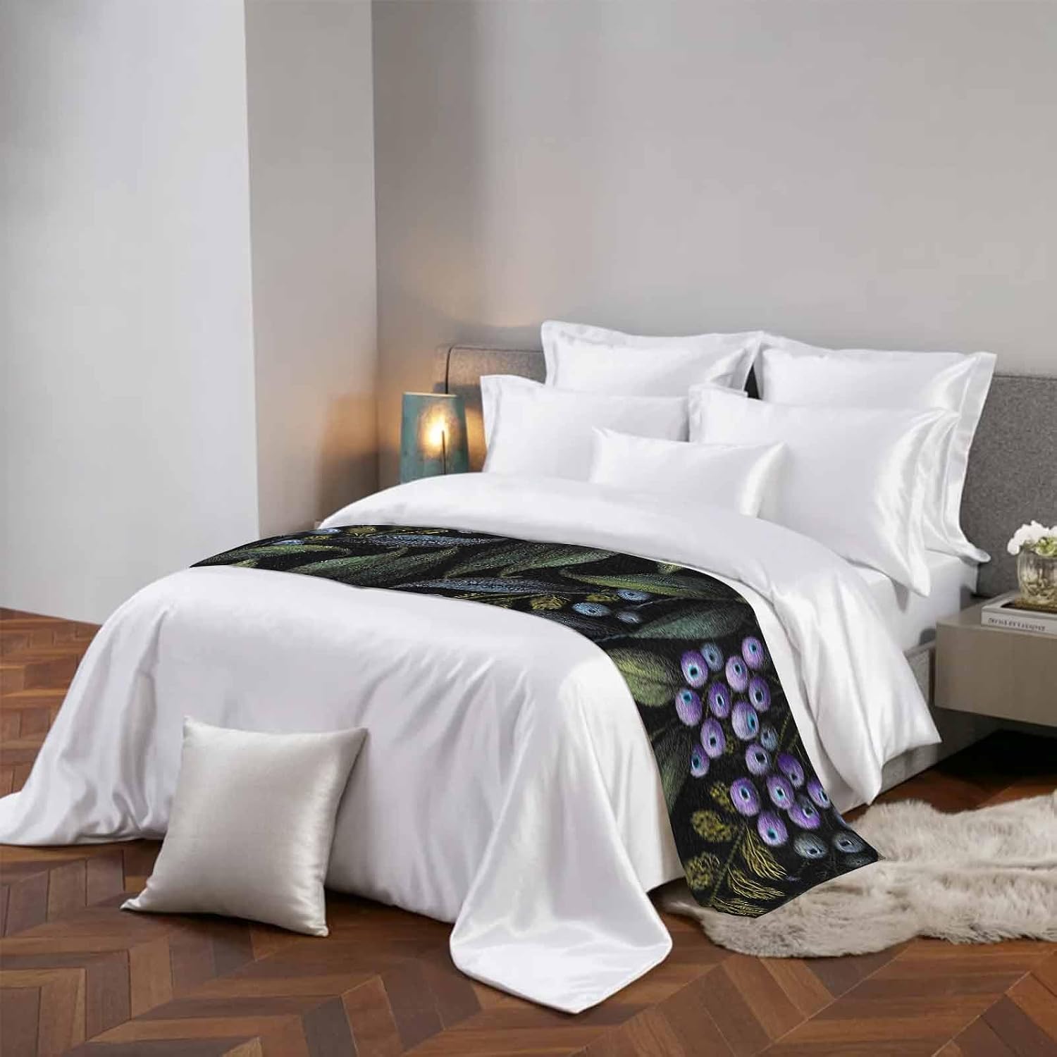 Purple Barrier Bed Runners for Queen Size Beds, Decorative Bed Throws for Foot of Beds, Luxury Bedding Protector Slipcover Vintage Abstract Art Botanical Leaves Bedrunners & Scarves for Hotel, 94"x20"