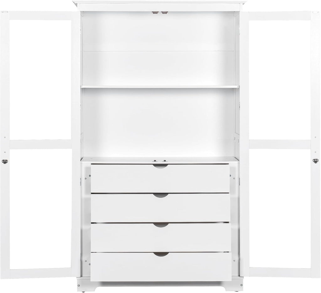 LUMISOL 75" Tall Kitchen Pantry with 4 Built-in Drawers, Kitchen Storage Cabinet with Glass Doors, Display Cabinet for Living Room Dining Room Office, White