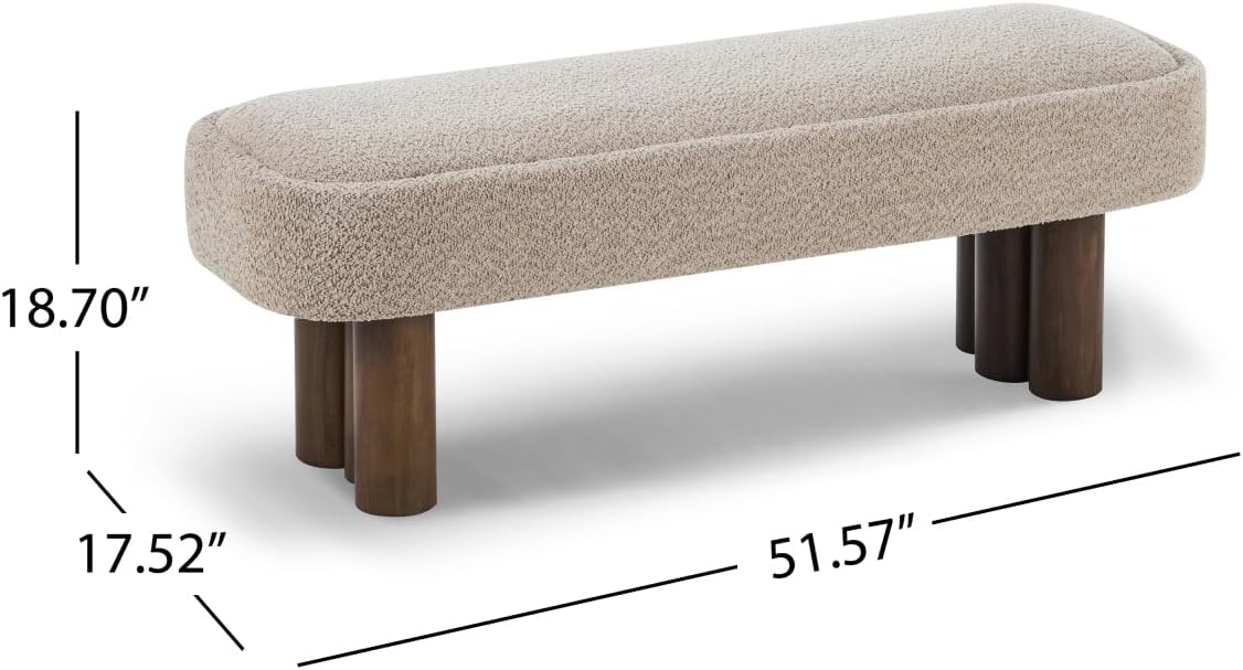Khaki Boucle Upholstered Dining Bench with Walnut Legs, 51.57"L | Seats 2-3 People, 250 lbs Capacity, Foam-Padded Cushion, Rubberwood & Plywood Frame, 51.57L x 17.52W x 18.7H cm