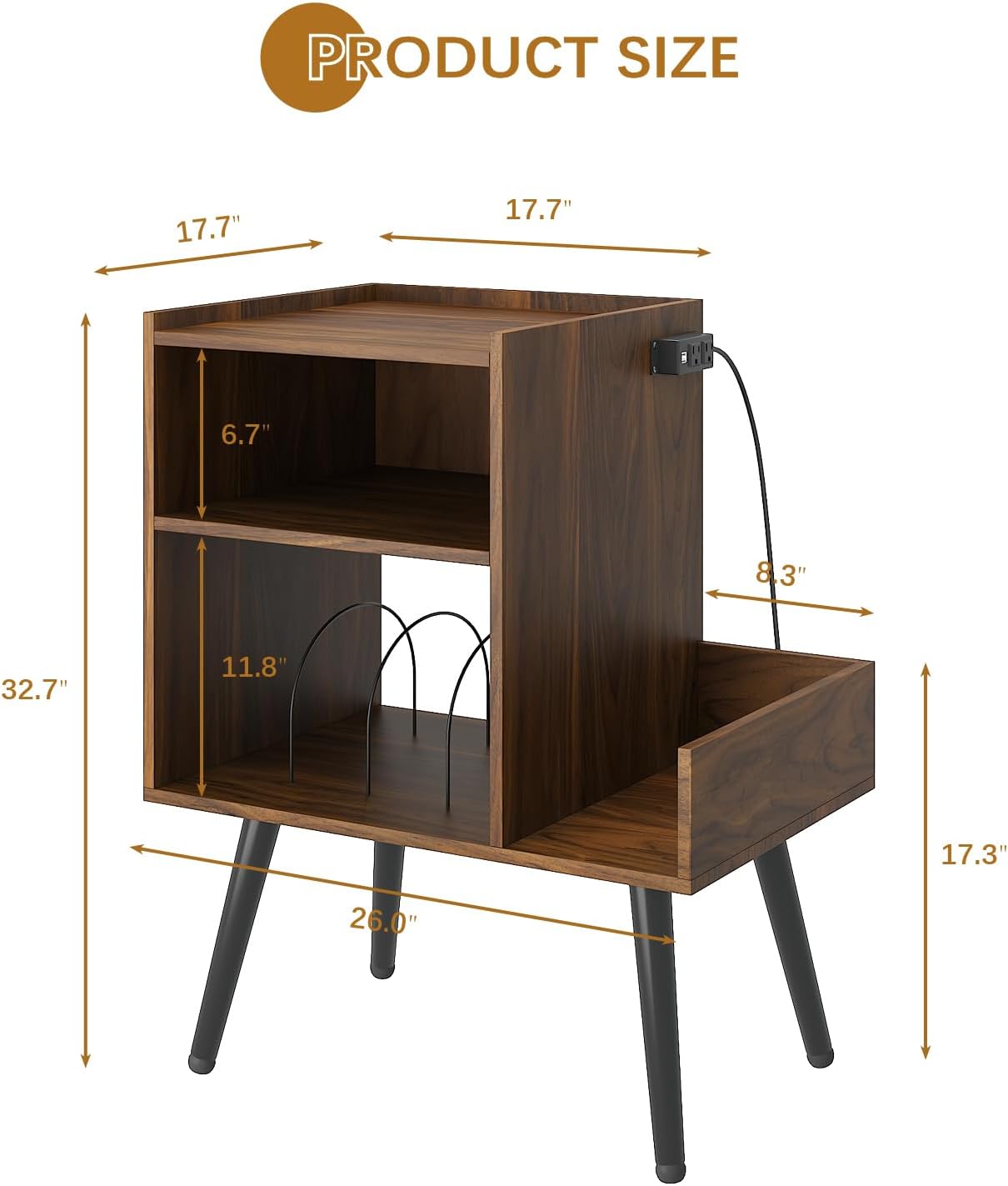 HedoAjim End Table with Charging Station, Narrow Side Table, Nightstand with shelfs, Slim Sofa Side Table, for Small Spaces, Living Room, Bedroom, Drak Walnut