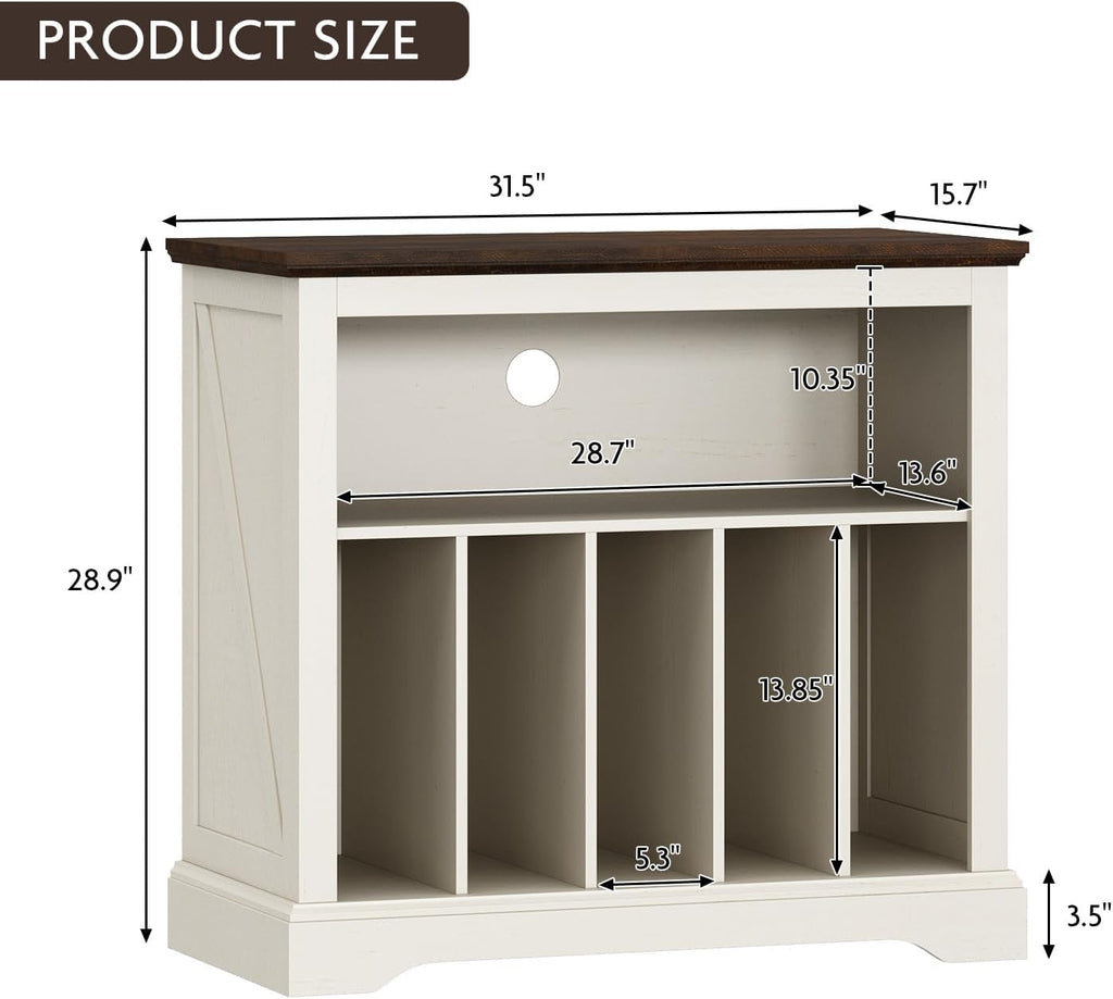 RowyPoey Large Farmhouse Record Player Stand, Turntable Stand with Vinyl Storage, Wood Record Holder Storage Cabinet Dispaly Shelf for Living Room, Bedroom, Office, Antique White