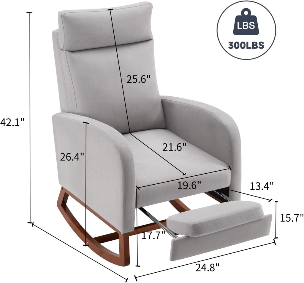 Rocking Chair Nursery High Back Glider Rocker Chair with Footrest Storage Pocket Accent Upholstered Rocker Armchair for Living Room Nursing Room Porch (Grey)