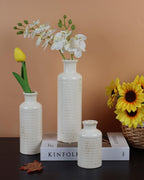 White Ceramic Vase Set of 3 – Ribbed Texture Crackle Glaze Bottle Vases for Rustic Farmhouse Table Centerpiece, Shelf & Mantel Decor