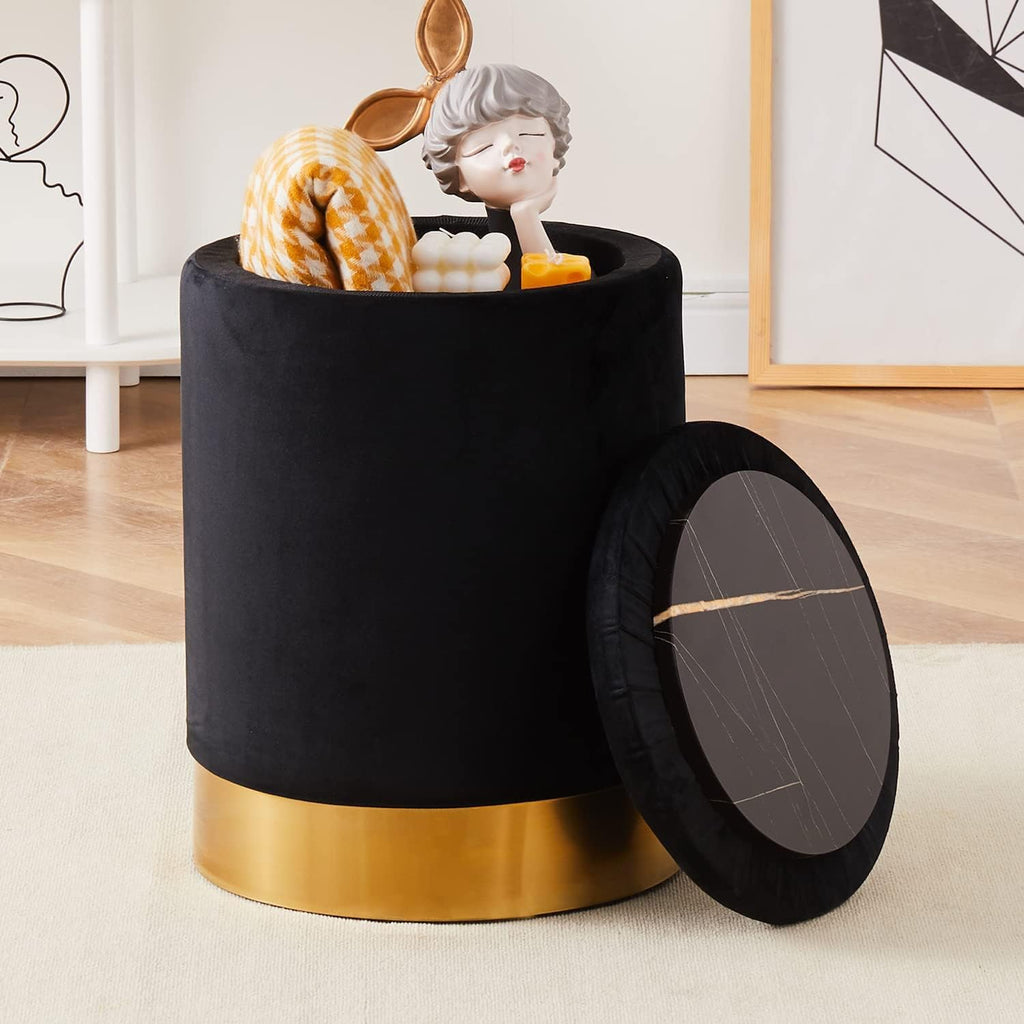 Velvet Storage Ottoman Multipurpose Footrest Stool with Metal Base Modern Round Vanity Stool Chair Ottoman Foot Stools Support 300 lbs Padded Seat for Living Room (Black (Velvet))