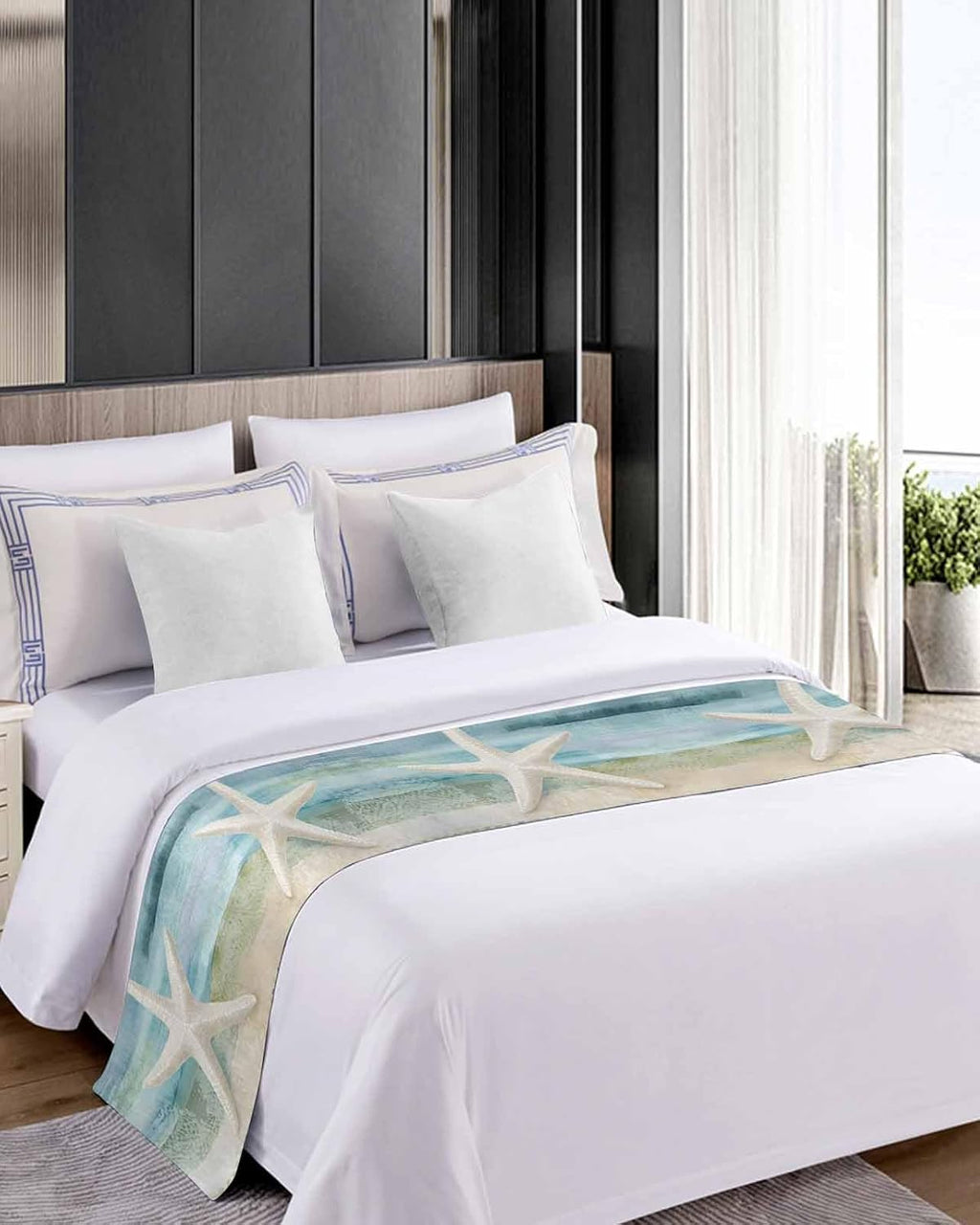 Bed Runner for Twin Size, Coastal Beach Decorative Scarf Throws for Foot of Bed, Summer Retro Starfish Wave Luxury Bedding Protector Slipcover Beds Runners for Hotel/Home, 71 x 20 Inch