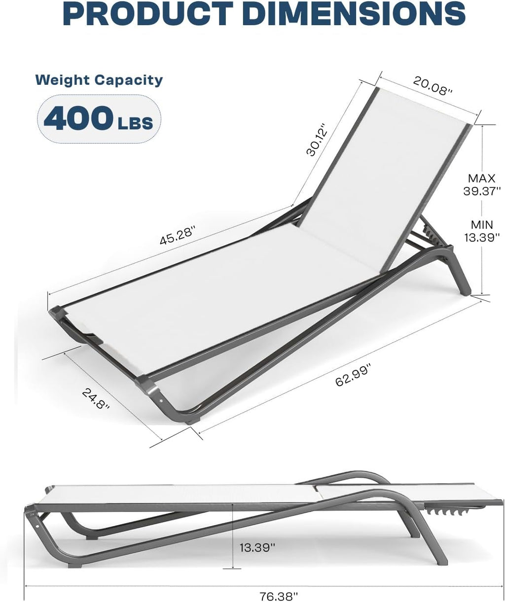Patio Chaise Lounge Chairs Set of 6, All-Weather Aluminum Pool Loungers for Outside, 5-Position Adjustable Sunbathing Chairs for Tanning, Stackable for Backyard, Poolside, White