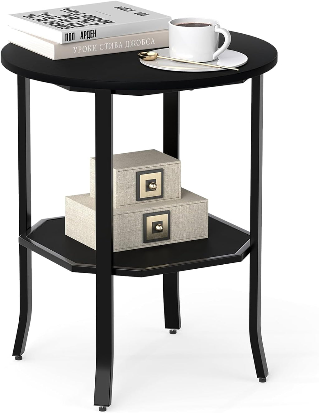 GOFLAME 2-Tier Round End Table, 20” Couch Sofa Side Table with Octagonal Storage Shelf & Metal Frame, Industrial, Modern Bedside Tables, Compact Nightstand for Living Room, Bedroom (Black,1)