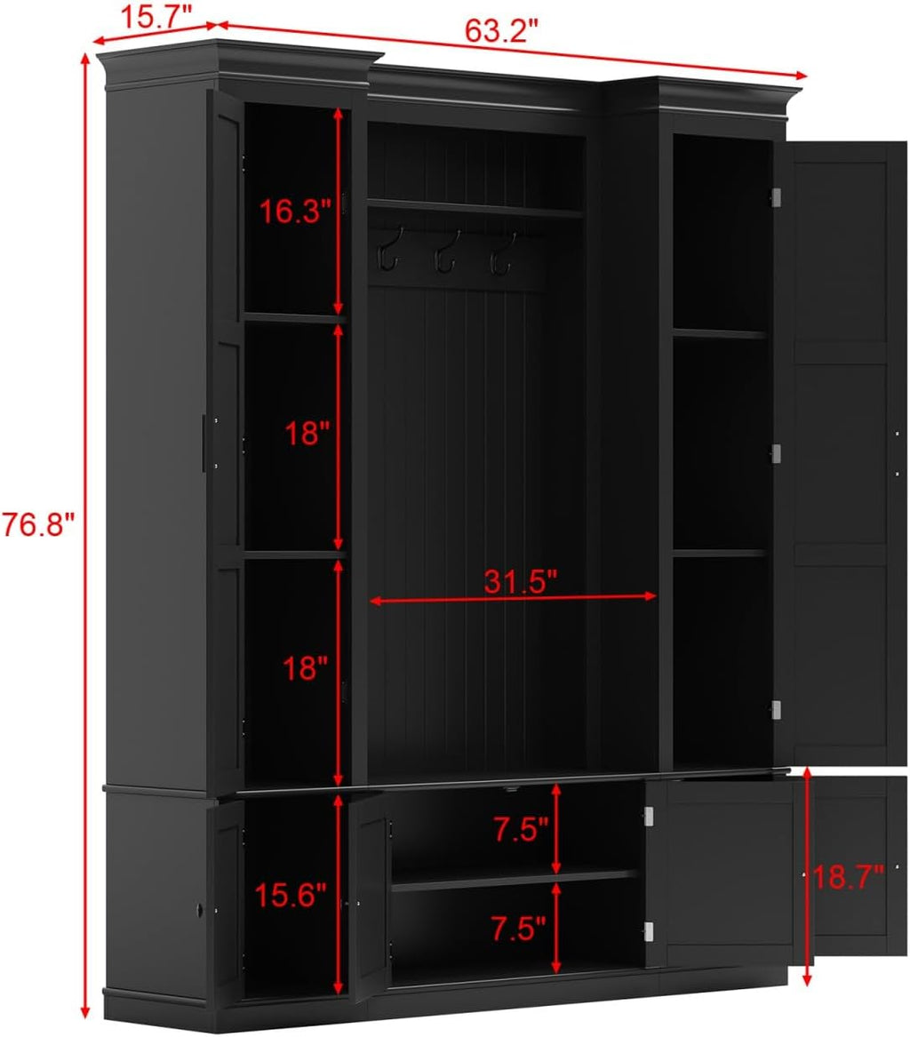 Large Hall Tree with Bench & Rattan Doors, 4-in-1 Entryway Coat Rack with Shoe Storage, 4 Hooks, Shelves, Mid-Century Shoe Bench for Hallway Mudroom, Black, 63.2”W x 15.7”D x 76.8”H