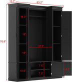Large Hall Tree with Bench & Rattan Doors, 4-in-1 Entryway Coat Rack with Shoe Storage, 4 Hooks, Shelves, Mid-Century Shoe Bench for Hallway Mudroom, Black, 63.2”W x 15.7”D x 76.8”H