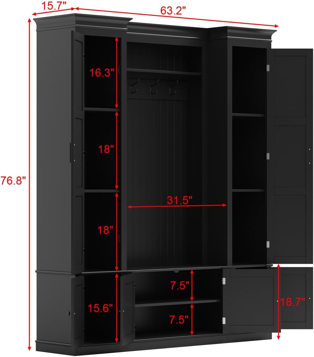 Large Hall Tree with Bench & Rattan Doors, 4-in-1 Entryway Coat Rack with Shoe Storage, 4 Hooks, Shelves, Mid-Century Shoe Bench for Hallway Mudroom, Black, 63.2”W x 15.7”D x 76.8”H