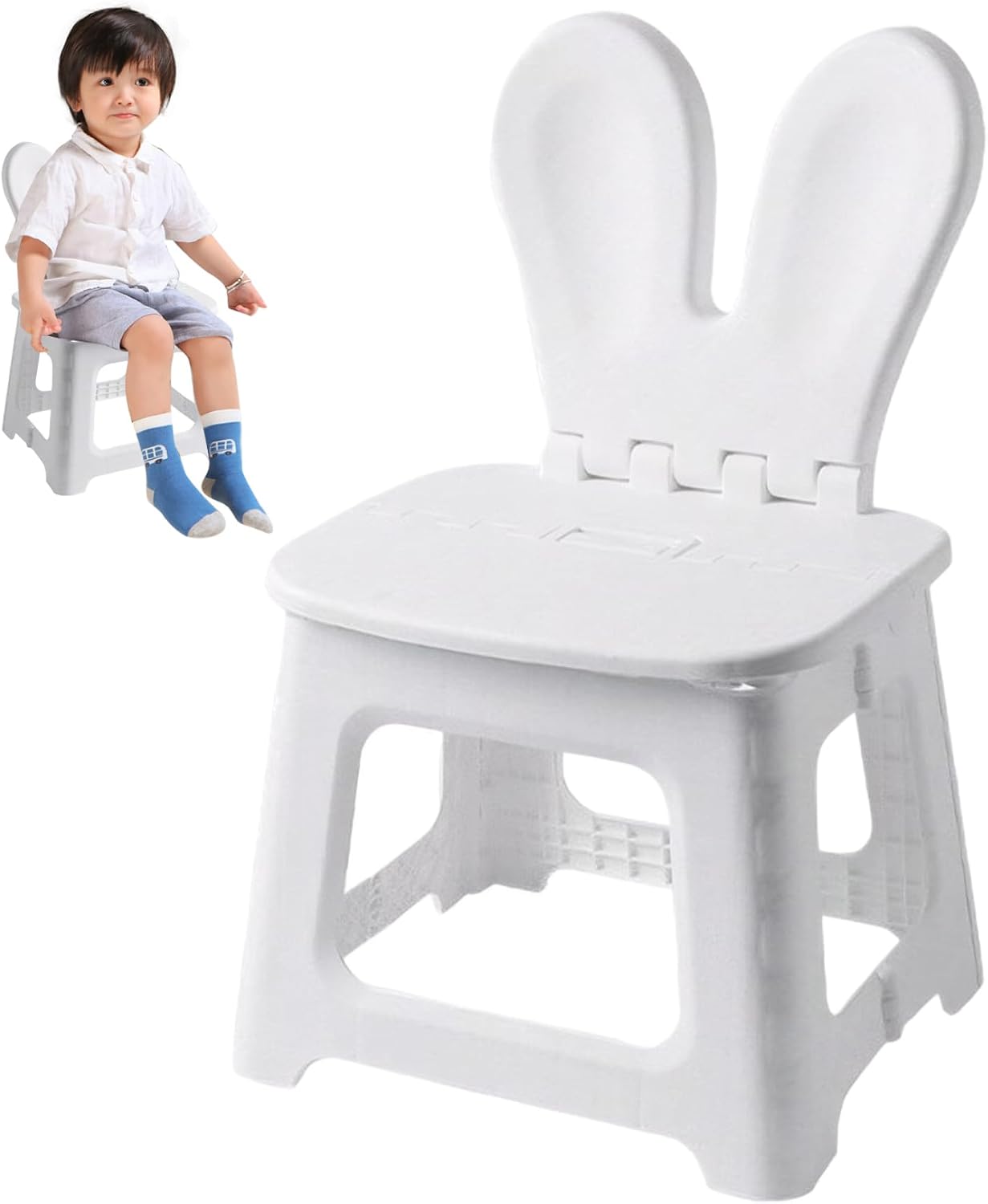 Kids Folding Chair Plastic Foldable Step Stool Toddler Chair with Rabbit Ear Back Support Heavy Duty Portable for Home Bathroom Kitchen