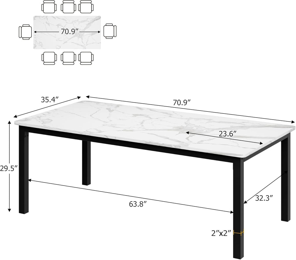 IDEALHOUSE Industrial Dining Table for 6-8 – Modern Rectangular Wooden Table with Sturdy Metal Legs, Rounded Corners, Large Conference or Writing Desk – White Faux Marble – Gray Color – Size: 1.8m x 0