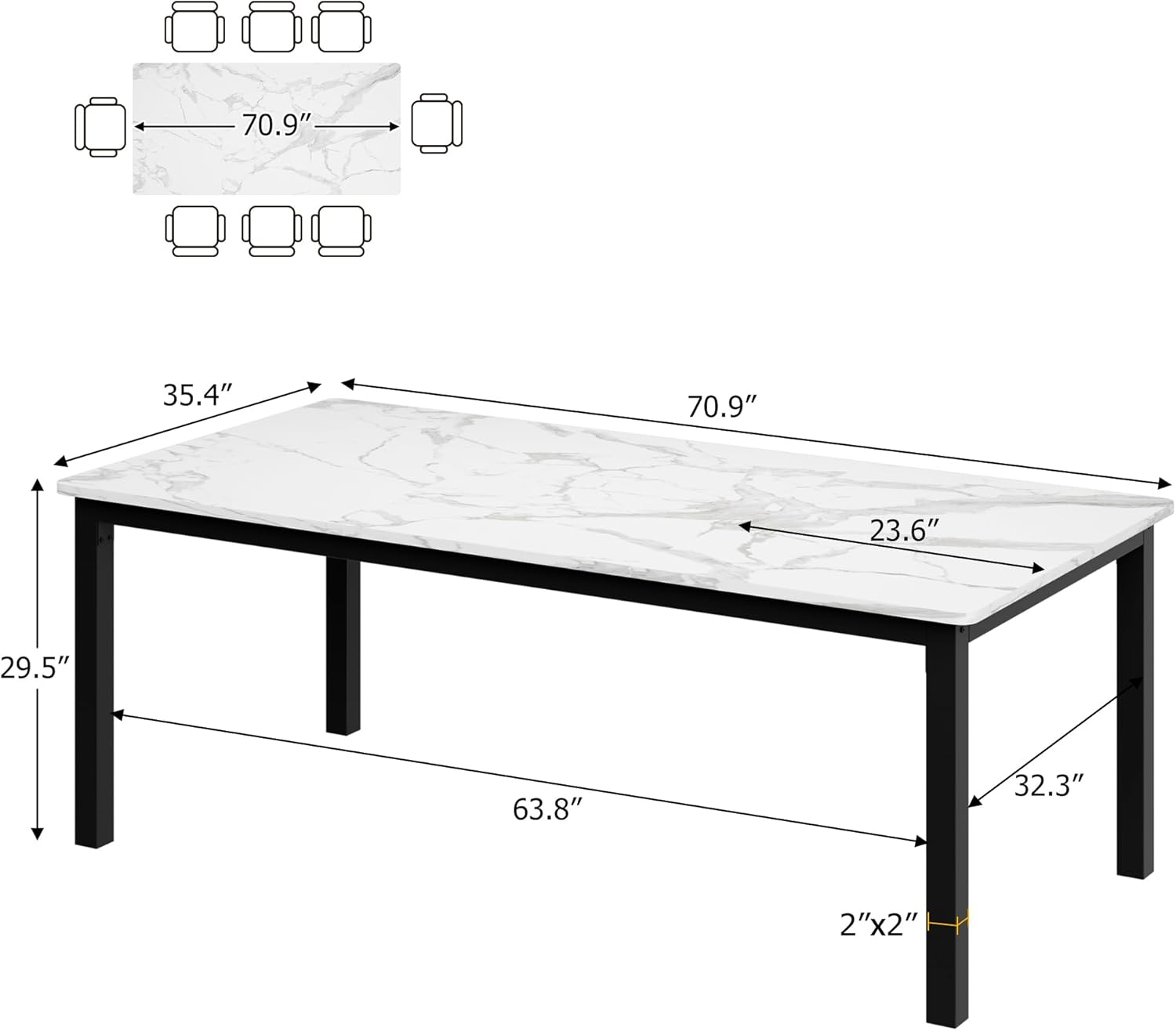 IDEALHOUSE Industrial Dining Table for 6-8 – Modern Rectangular Wooden Table with Sturdy Metal Legs, Rounded Corners, Large Conference or Writing Desk – White Faux Marble – Gray Color – Size: 1.8m x 0