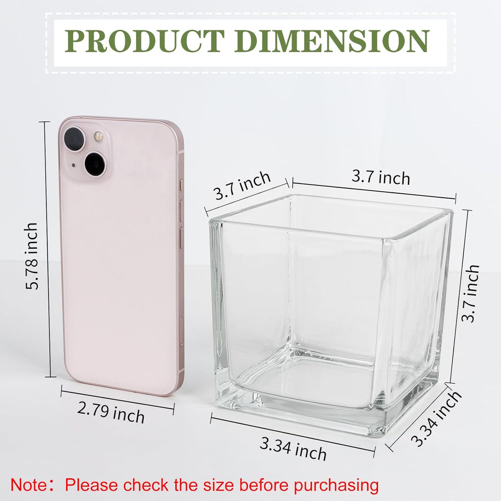 1 Pack Square Glass Vase 4" x 4" x 4", Clear Flower Vase for Centerpieces, Candle Holder for Wedding Party Events, Home Décor