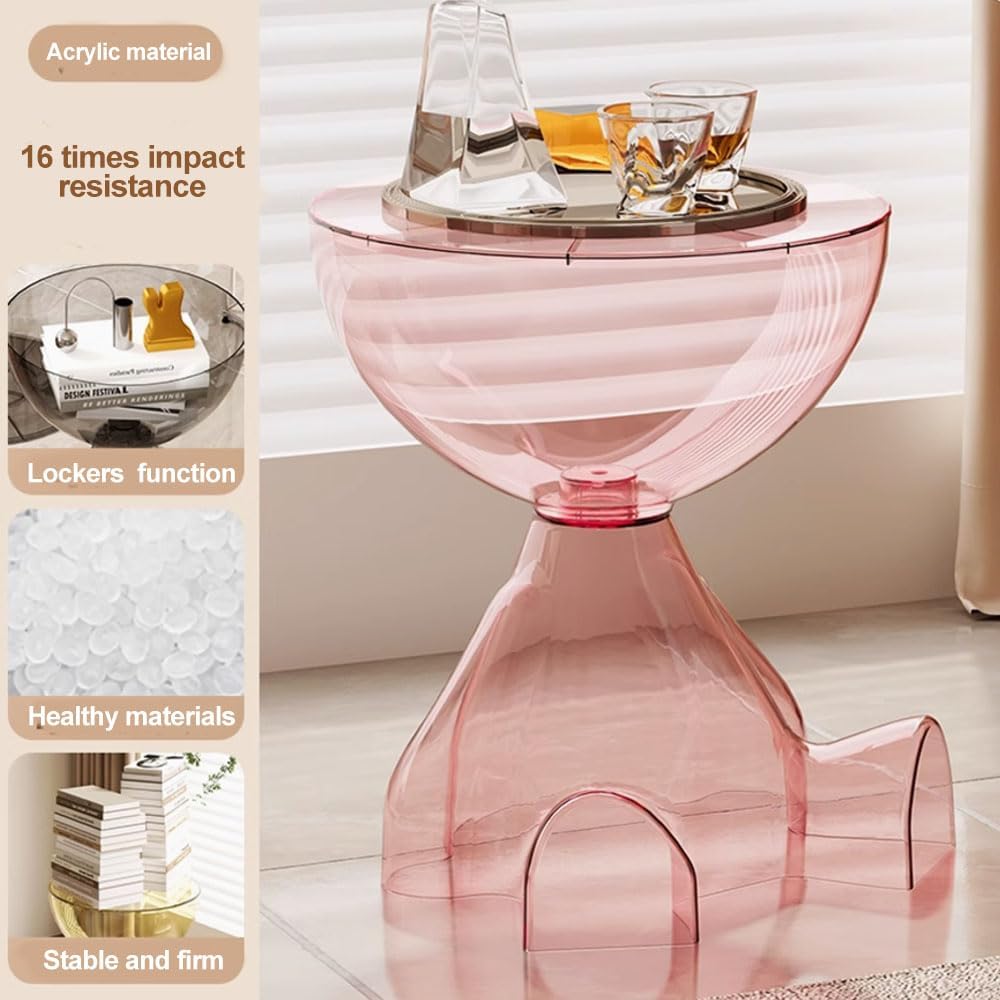 Side Table, Circle Coffee Tables, Sofa Table Nightstand, Small End Tables Accent Balcony Office, Modern Bedside Home Decor for Living Room, Bedroom, Small Spaces, Easy Assembly (Transparent Pink)