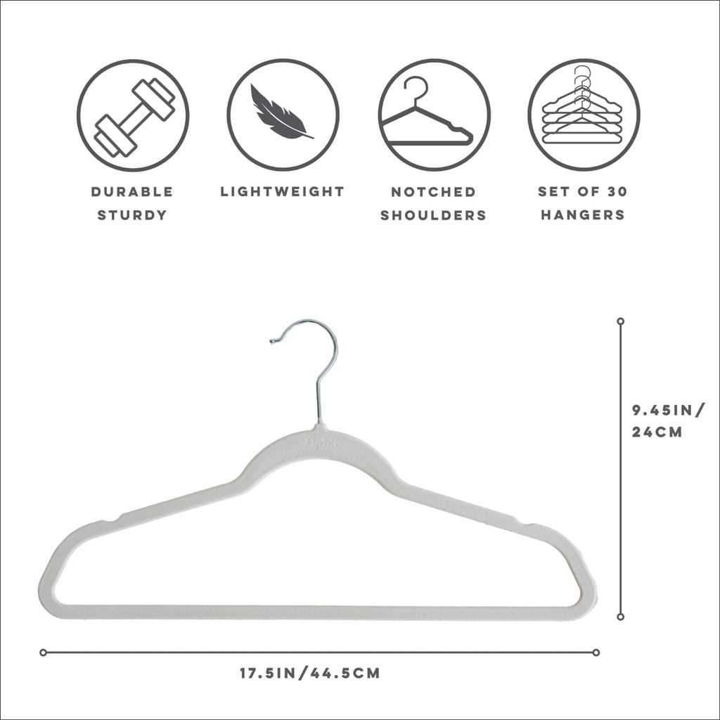 3 Sprouts - Adult Velvet Hangers - Non Slip Felt Clothing Hanger Set - Durable & Slim for Space Saving - Ideal Velvet Hangers for Organization - Lightweight Thin Clothes Hangers - Pack of 30 - Gray