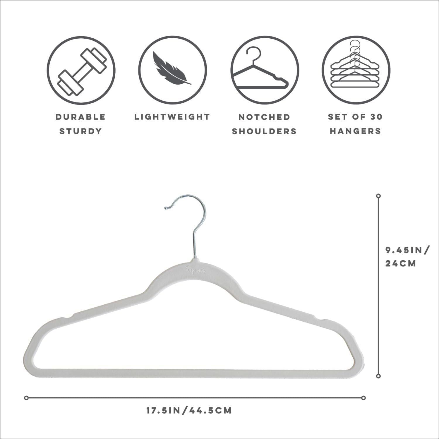 3 Sprouts - Adult Velvet Hangers - Non Slip Felt Clothing Hanger Set - Durable & Slim for Space Saving - Ideal Velvet Hangers for Organization - Lightweight Thin Clothes Hangers - Pack of 30 - Gray