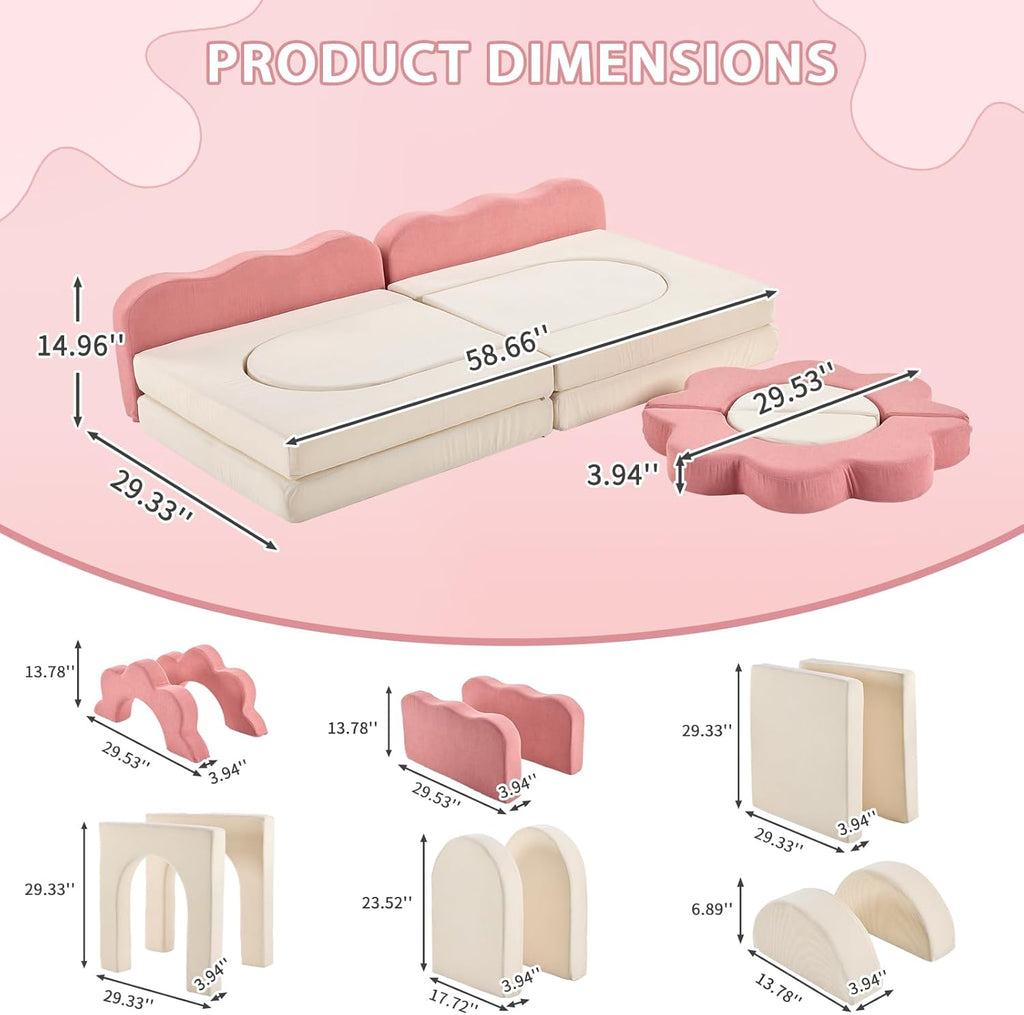 Karl home Kids Couch 12PCS, Modular Kids Play Couch, Indoor Multifunctional Foam Toddler Sofa with Flower Shape, Sectional Convertible Sofa Imaginative Furniture Play Set for Playroom, Pink & White