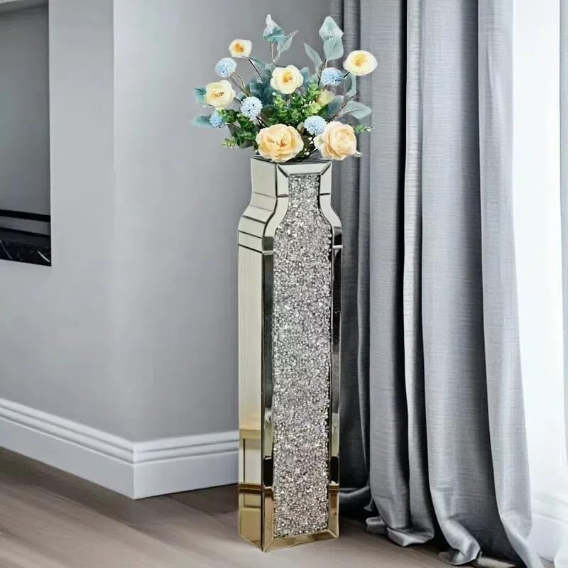 30" Tall Floor Vase, Double Sided Crushed Diamond Mirrored Vases,Large Flower Vase for Home Decor, Mirror Glass Decorative for Living Room,Office,Centerpiece (Crushed Diamond:4.7''L X 6.8''W X 30''H)
