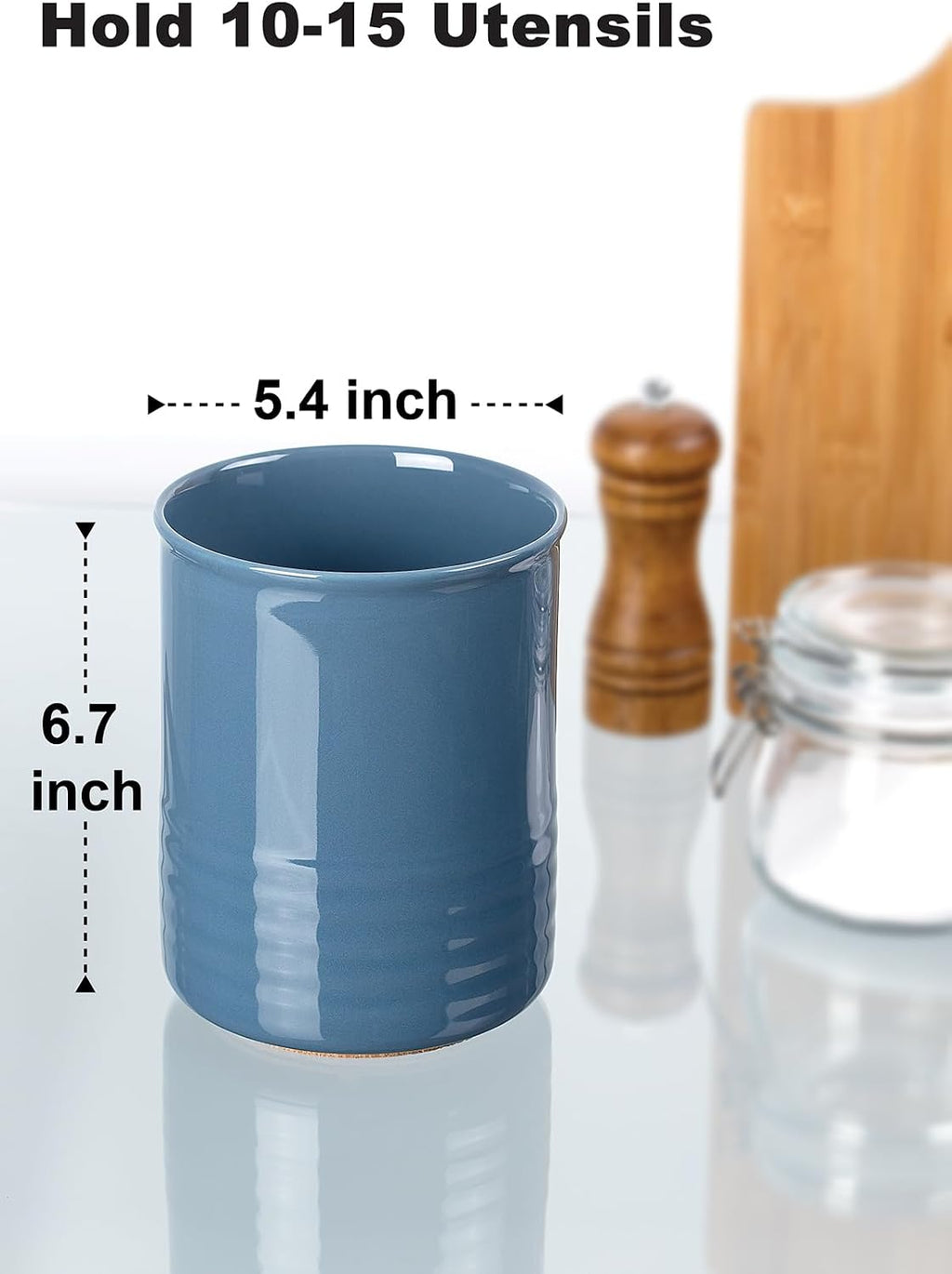 ABRUTY Utensil Holder, 6.7" Ceramic Kitchen Utensil Crock for Countertop Cooking, Modern Utensil Caddy Jar Organizer for Farmhouse Kitchen Counter Décor, Blue