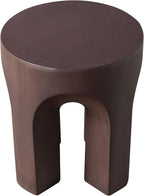 LeisureMod Round Side Table in Fiberstone with Arched Base Design Compact Weather-Resistant for Modern Home, Living Room, Bedroom, Patio Crus Collection (Wood Brown)
