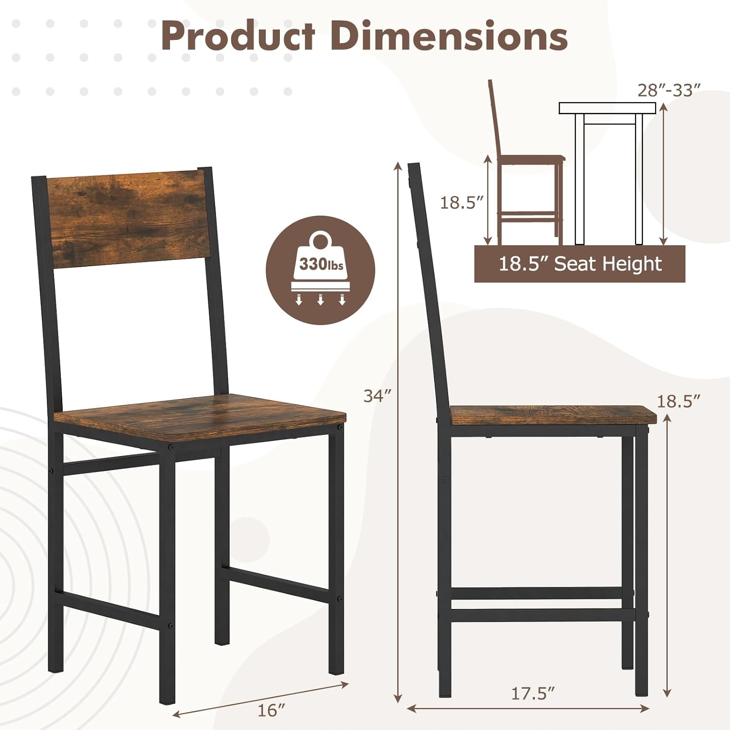 COSTWAY Dining Chairs Set of 4, Industrial Farmhouse Armless Side Chairs with Rustic Wood & Metal Frame, Wide Comfy Seat & Slanted High Back for Dining Room, Kitchen, Office, Restaurant
