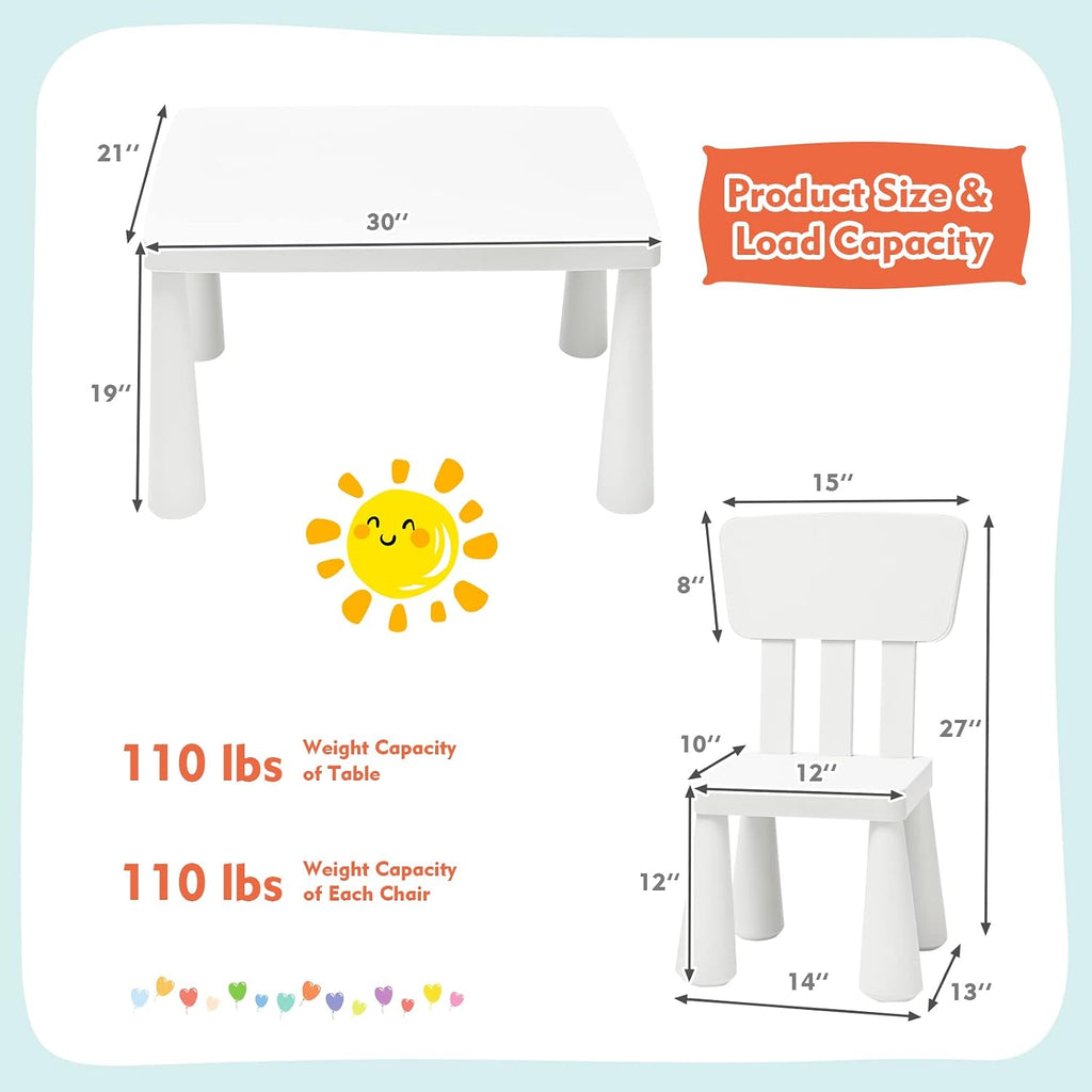 Toddler Table and Chair Set, Plastic Kid Activity Table & 2 Chairs, 3-Piece Children Playroom Furniture Set for Reading, Writing & Painting, Kids Table and Chair Set for Age 3-7 (White)