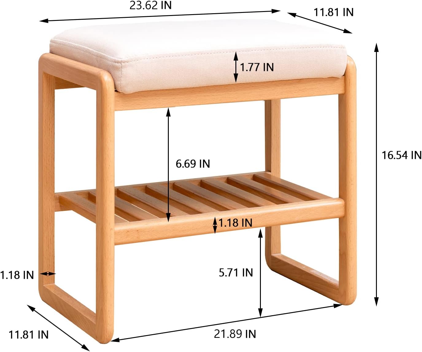 Entryway Shoe Bench with Cushioned Seat, Natural Wood, 2-Tier Storage Shelf, 23.62 x 11.81 x 16.54 in