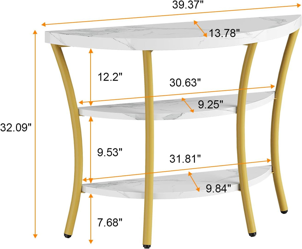 39.4" Console Table with Half Moon Wood Shelves, 3 Tier Modern Entryway Table with Curved Metal Frames, Narrow Sofa Couch Table for Hallway, Entrance, Living Room, Foyer, White Marble & Gold