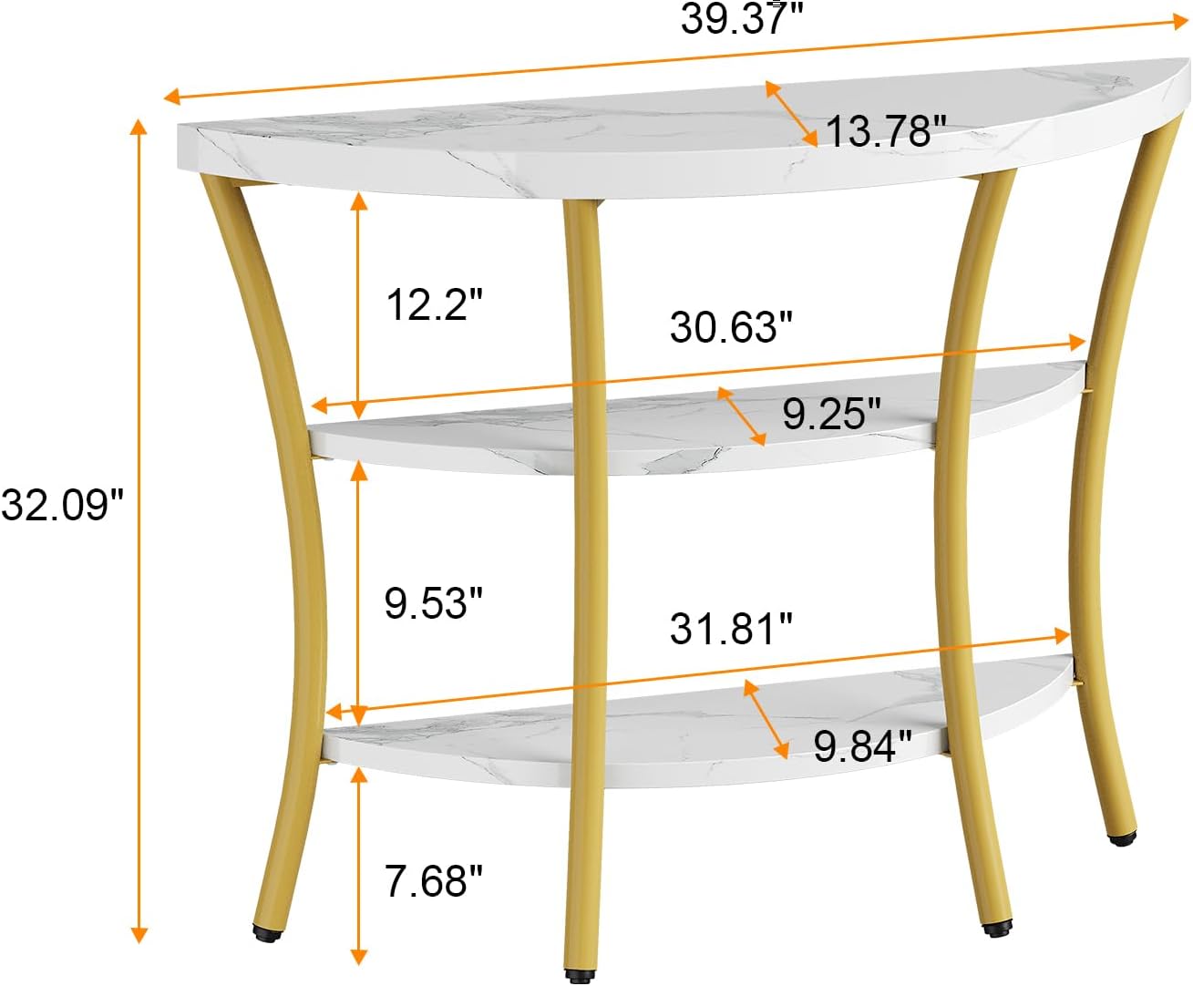 39.4" Console Table with Half Moon Wood Shelves, 3 Tier Modern Entryway Table with Curved Metal Frames, Narrow Sofa Couch Table for Hallway, Entrance, Living Room, Foyer, White Marble & Gold