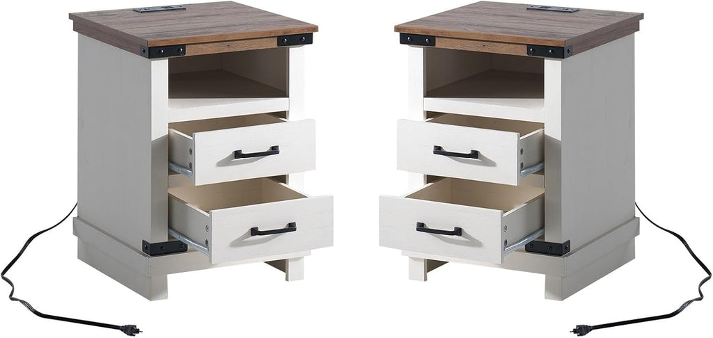 AMERLIFE Farmhouse End Table Set of 2, 18" Wood Nightstands with Charging Station and 2 Drawers, Heavy Duty Bedside Tables for Bedroom or Living Room, Antique White