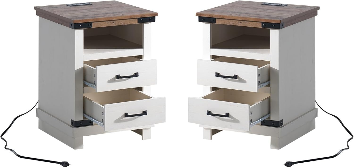AMERLIFE Farmhouse End Table Set of 2, 18" Wood Nightstands with Charging Station and 2 Drawers, Heavy Duty Bedside Tables for Bedroom or Living Room, Antique White
