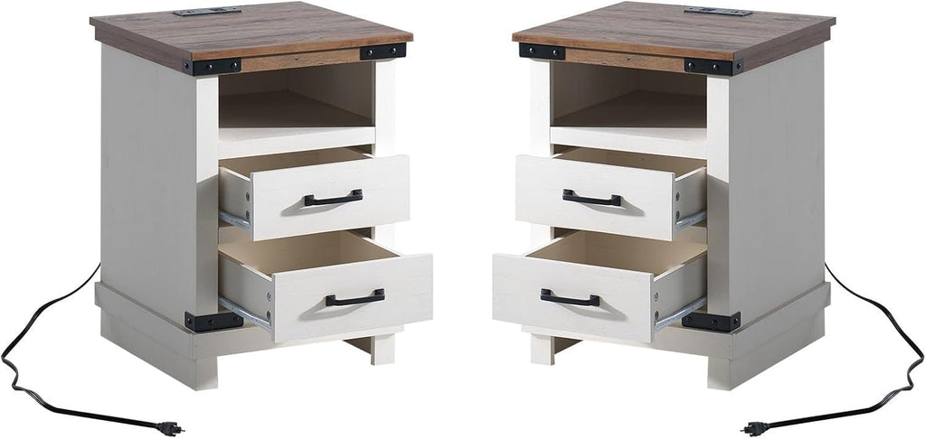 AMERLIFE Farmhouse End Table Set of 2, 18" Wood Nightstands with Charging Station and 2 Drawers, Heavy Duty Bedside Tables for Bedroom or Living Room, Antique White