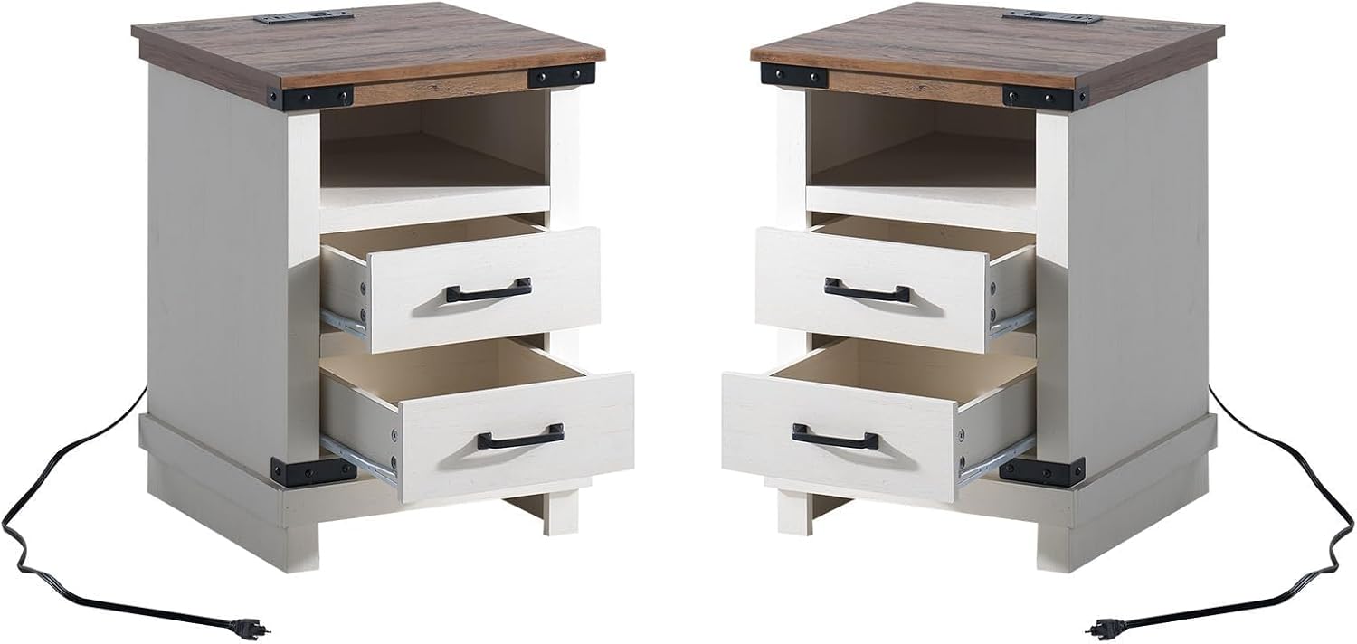 AMERLIFE Farmhouse End Table Set of 2, 18" Wood Nightstands with Charging Station and 2 Drawers, Heavy Duty Bedside Tables for Bedroom or Living Room, Antique White