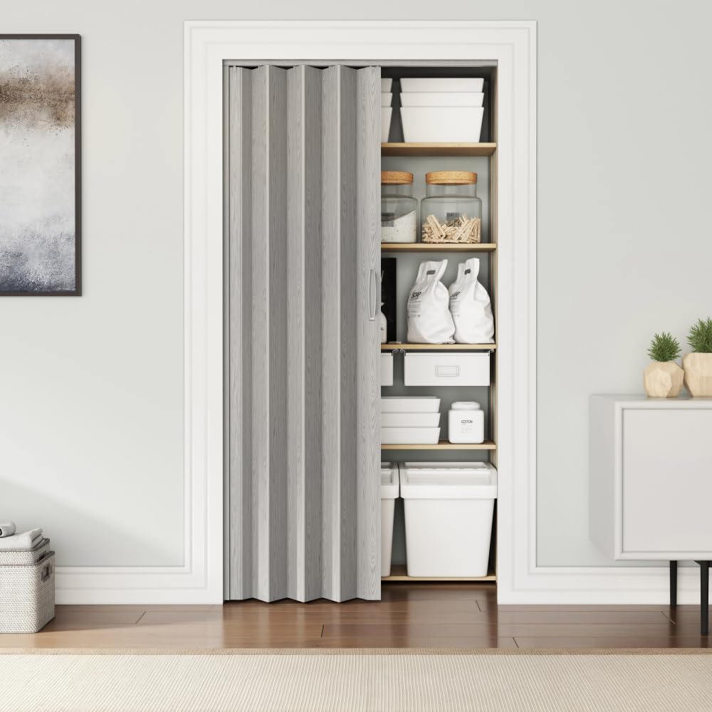 36 x 80 Inch Accordion Door - PVC Foldable Interior Folding Door with Trimmable Height, Track Hardware Kit, Magnetic Closure for Closet Bedroom Room Divider, Grey